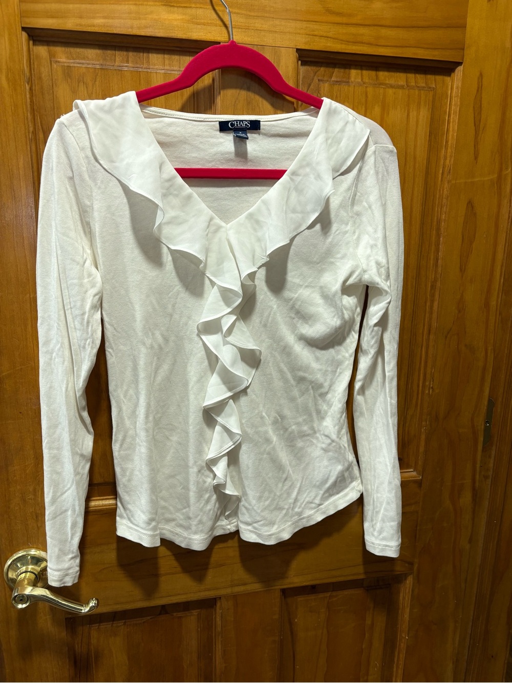 Chaps White Ruffle V-Neck Long Sleeve Top